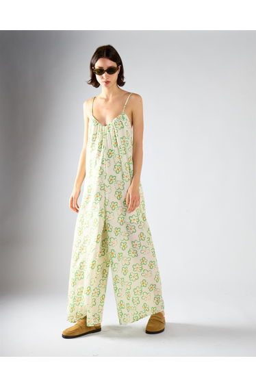 White Green Multi Daisy V-Neck Jumpsuit
