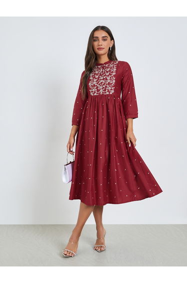 Maroon Embroidered Yoke A-Line Midi Dress