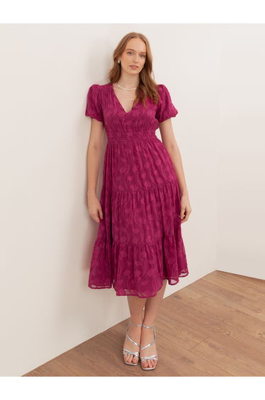 Lovedrobe Fuchsia Short Sleeve Floral Burnout Midi Dress