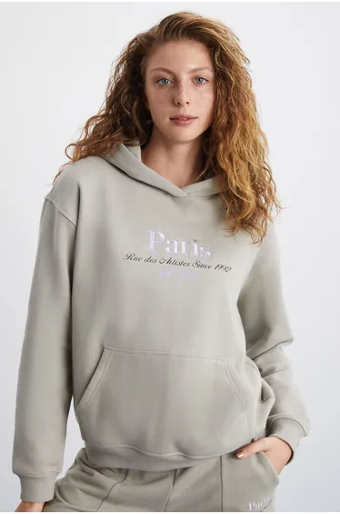 Taina Women's Embroidered Organic Cotton City Themed Regular Hooded Beige Sweatshirt