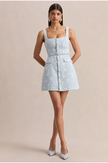 Riya | Light Blue Boucle Square-Neck Mini Dress