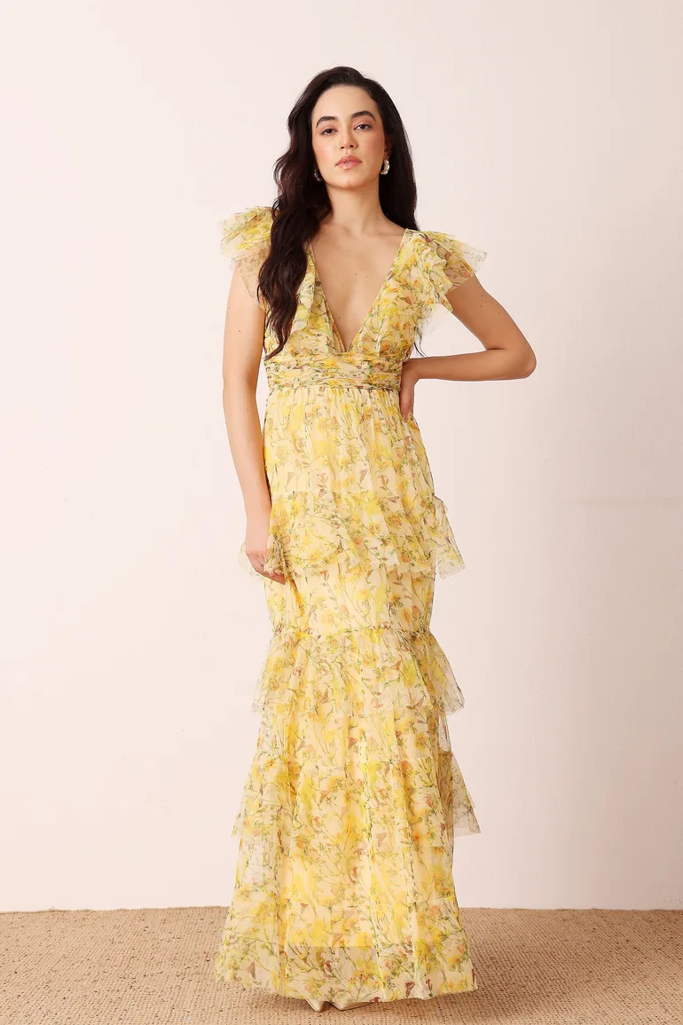 yellow floral maxi dress formal Buy Yellow Floral Satin One Shoulder Scarf Wedding Guest Bridesmaid Maxi  Dress from Next USA