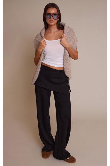 Black Premium Soft Touch Wrap Front Wide Leg Trouser