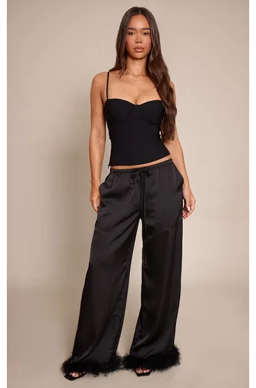 Black Satin Low Rise Wide Leg Drawstring Feather Hem Trousers