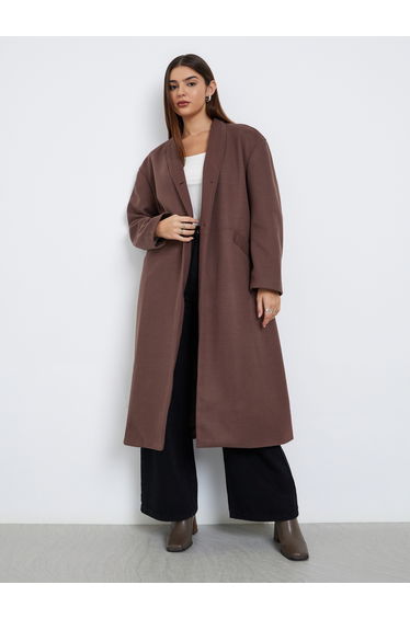 Brown Regular Fit Wool Like Belted Midi Coat