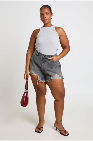 Plus High Waist Ripped Mom Shorts - greywash