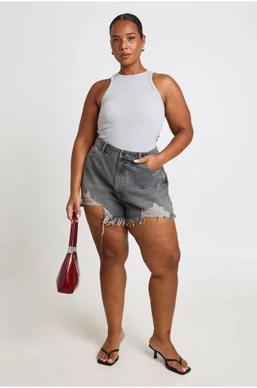Plus High Waist Ripped Mom Shorts - greywash