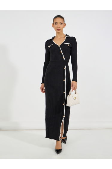 Asymmetrical Button Detail Knitted Maxi Dress