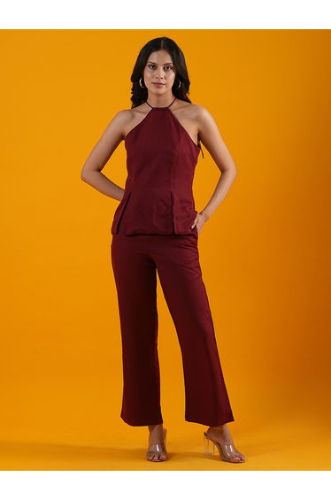 Halter Neck Front Slits Crepe Top with Trousers Co-Ords
