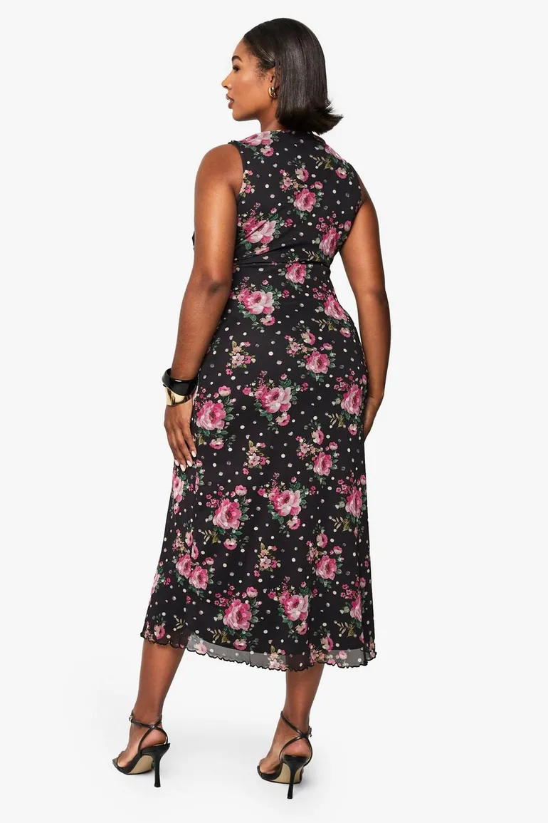 Plus floral mesh fit and flare midaxi dress - black - 1