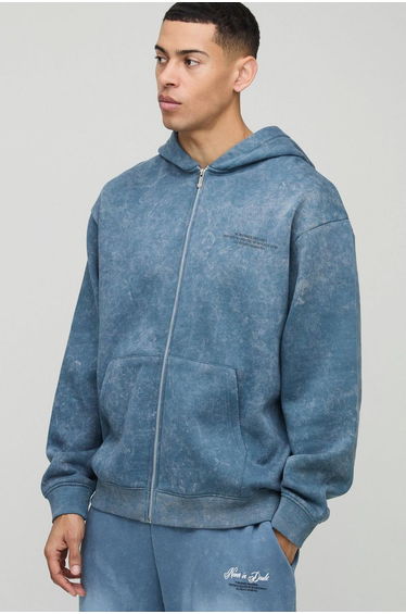 Oversized Graphic Washed Zip Through Hoodie - blue