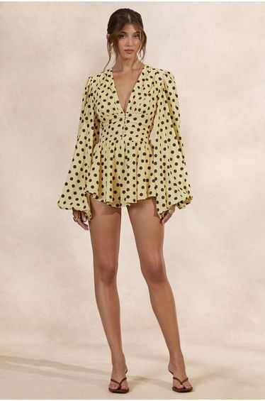 Laurel | Lemon Polka Dot V-Neck Balloon Sleeve Playsuit