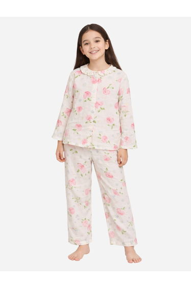 Girls 100% Cotton Muslin Floral Strawberry Print Pyjama Set