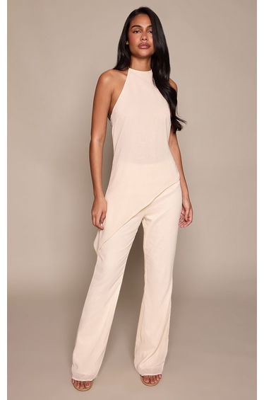Cream Chiffon Halter Neck Overlay Jumpsuit