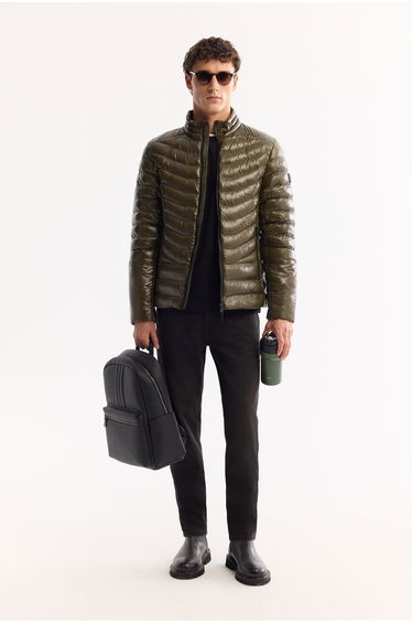 Men's Khaki Goose Down Water Repellent Windproof Fabric Stand Collar Shiny Puffer Jacket