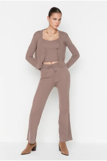 Mink Ribbed Blouse Cardigan Trousers Knitwear Top-Bottom Set
