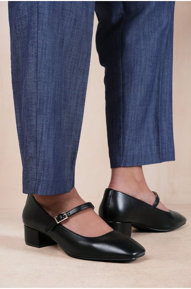 Maura Girl's School Block Heel Buckle Strap Mary Jane Shoes In Black Faux Leather