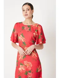 Floral Tie Back Flutter Sleeve Midi Dress - 1