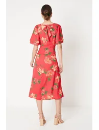 Floral Tie Back Flutter Sleeve Midi Dress - 2