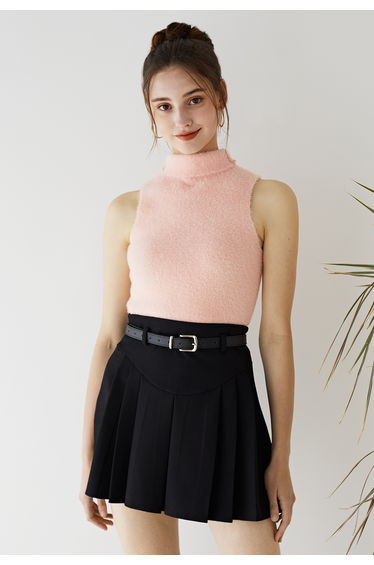 High Neck Fuzzy Knit Tank Top in Pink