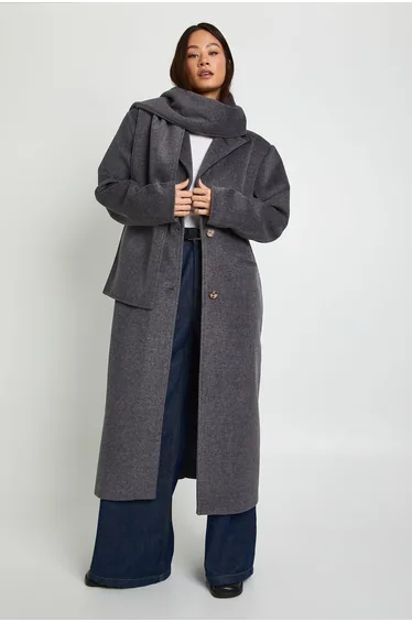 Tall Wool Look Coat With Scarf - charcoal
