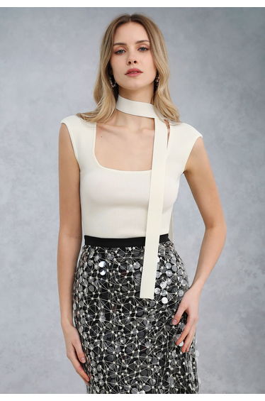 Square Neck Sleeveless Knit Top with Sash in White