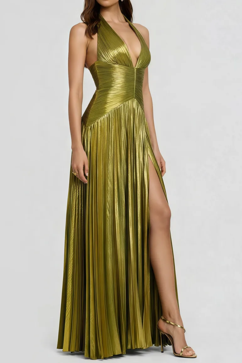 Nadya Olive Green Halterneck Ruched Maxi Dress - 1