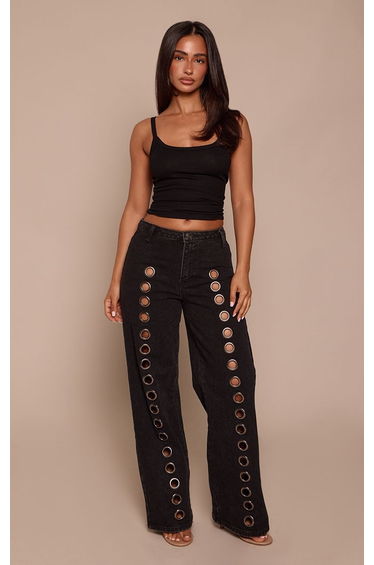 Petite Black Eyelet Front Wide Leg Denim Jeans