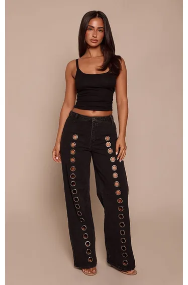 Petite Black Eyelet Front Wide Leg Denim Jeans