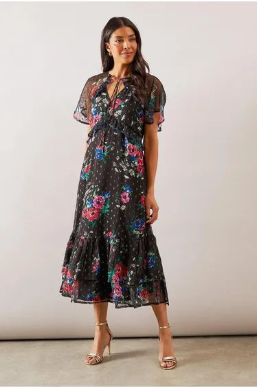 Printed Metallic Cape Detail Midi Dress