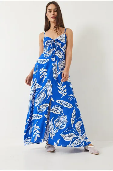 Women's Thin Strap Slit Detail Patterned Viscose Dress