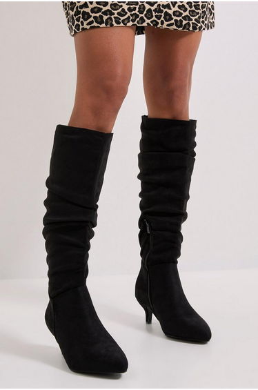 Khloe Faux Suede Kitten Heel Knee High Ruched Boots