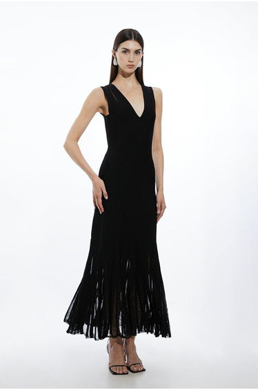 Viscose Blend Sheer Skirt Maxi Knit Dress