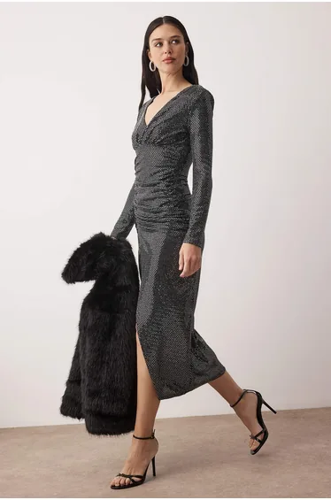 Gray bodycon sequin midi unlined party dress