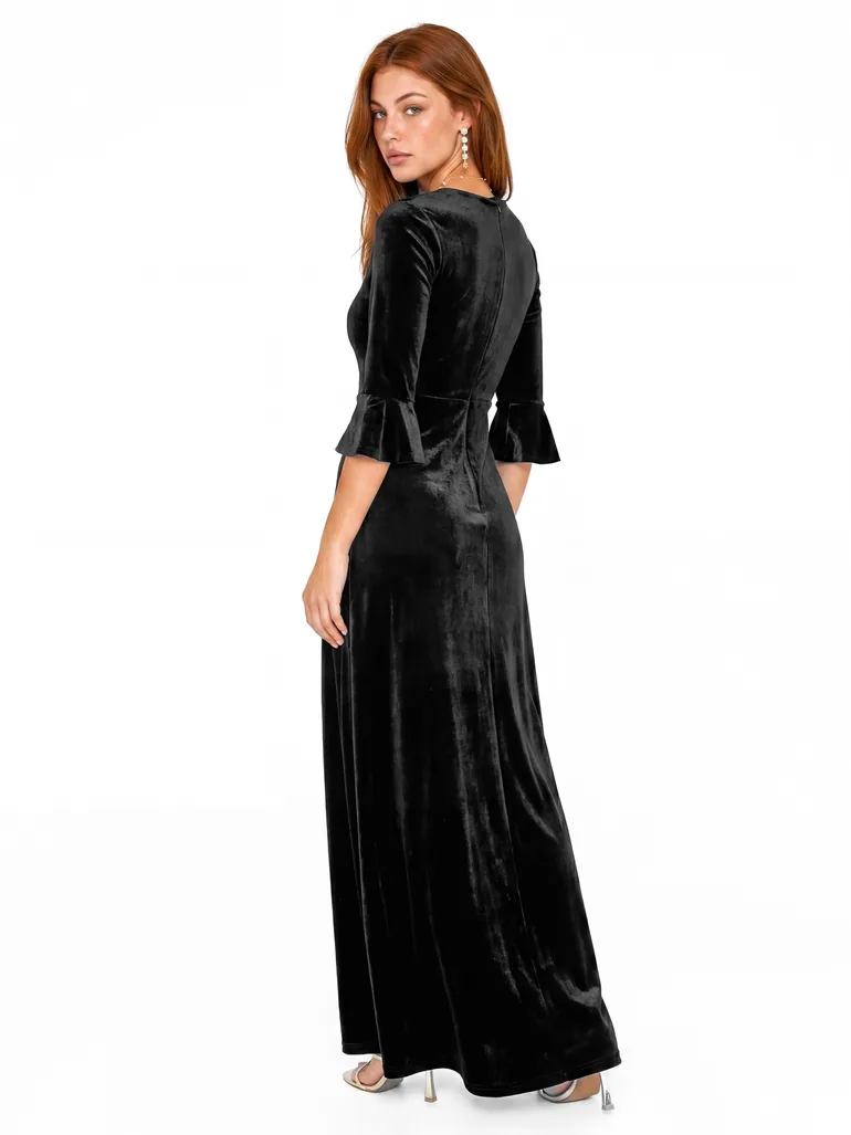 Maya Black V Neck 3/4 Flute Sleeve Velvet Maxi Dress - 1