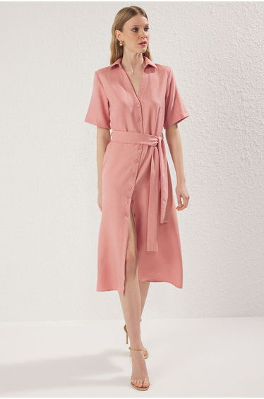 Dusty Rose Belted Plain Midi Woven Dress