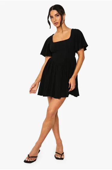 Petite Linen Mix Corset Angel Sleeve Skater Dress - black