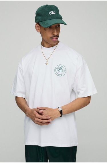 White Oversized Extended Neck Man Caviar Club T-Shirt - white