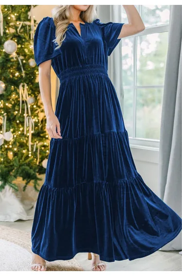 Poised Femininity Notch Neck Velvet Maxi Dress in Navy