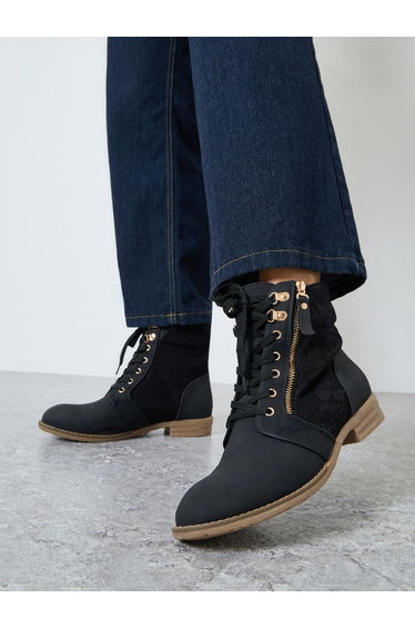 Black Lace Insert Half-Zip Ankle Boots