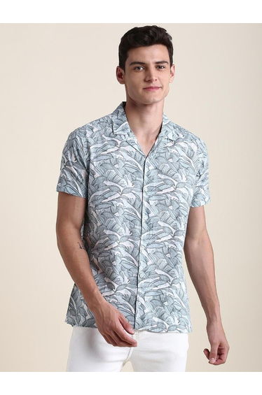 Men Floral Printed Cuban Collar Cotton Shirt