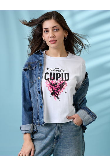 White Graphic Print Boxy Crop T-Shirt