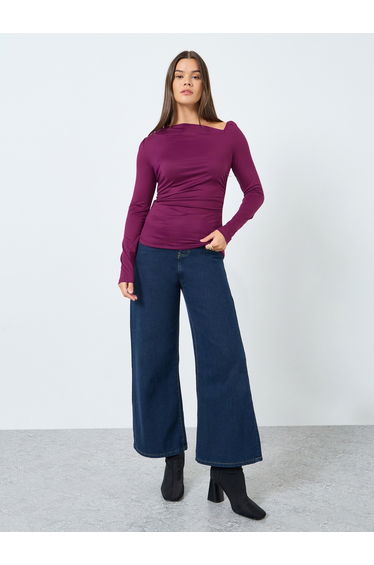 Purple Asymmetric Neck Fitted Knit Top