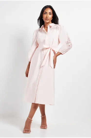 Petite Occasion Cotton Cutwork Detail Shirt Dress