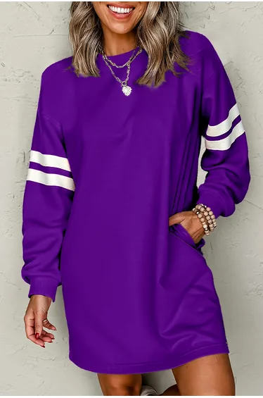 Lvness Purple Varsity Contrast Banded Sleeve Shift Sweatshirt Dress