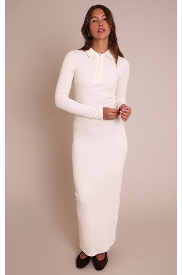 Cream Ribbed Button Down Collar Detail Long Sleeve Maxi Dress