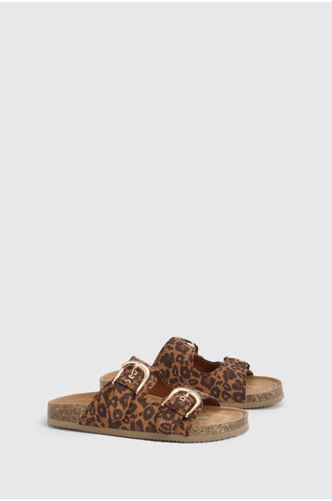 Oversized Buckle Double Strap Slider - leopard