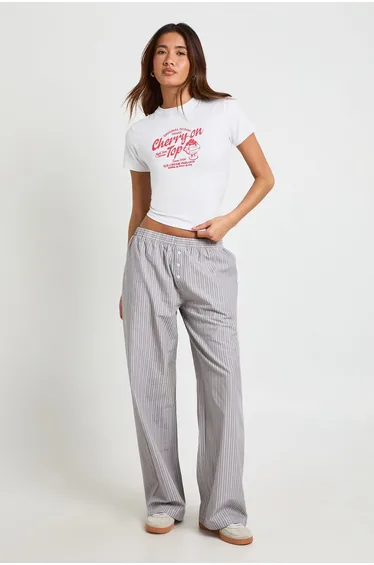 بنطلون بوبلين مخطط بأزرار - رمادي