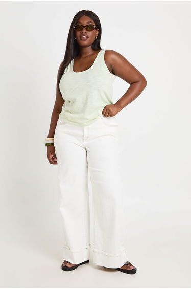 Plus Scoop Neck Sheer Vest Top - light khaki