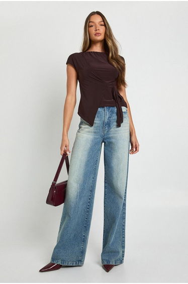 Double Layer Slinky Boat Neck Top With Wrap Tie Detail - chocolate